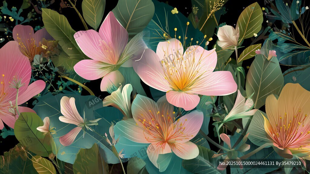 梦幻花卉植物插画场景
