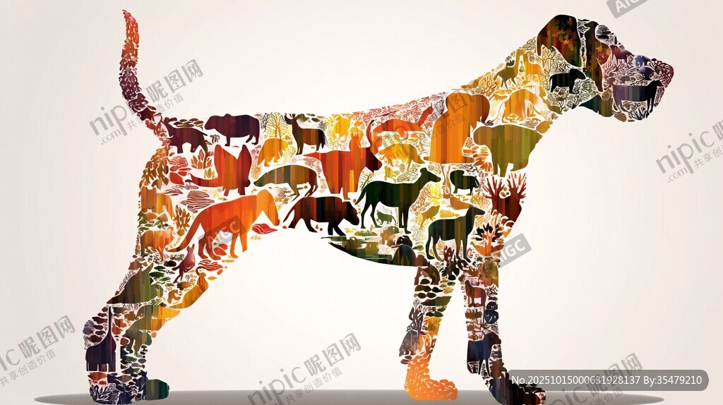 狗狗轮廓内的多彩动物世界