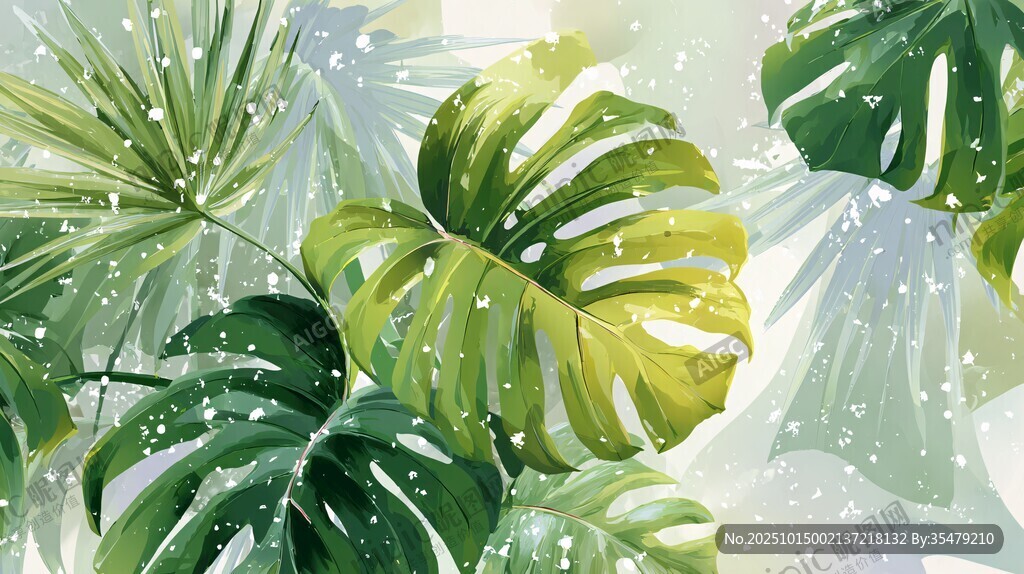 清新热带风绿植水彩插画