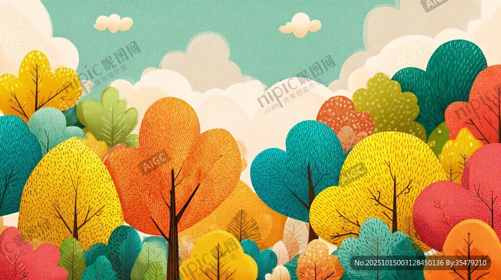 秋日多彩树林风景插画
