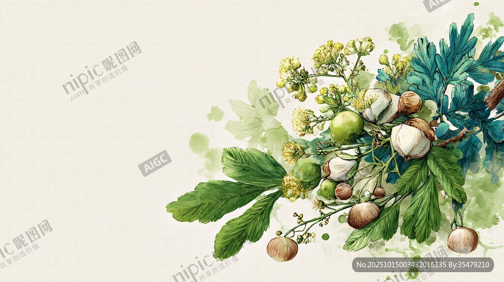 手绘清新植物花果枝叶图