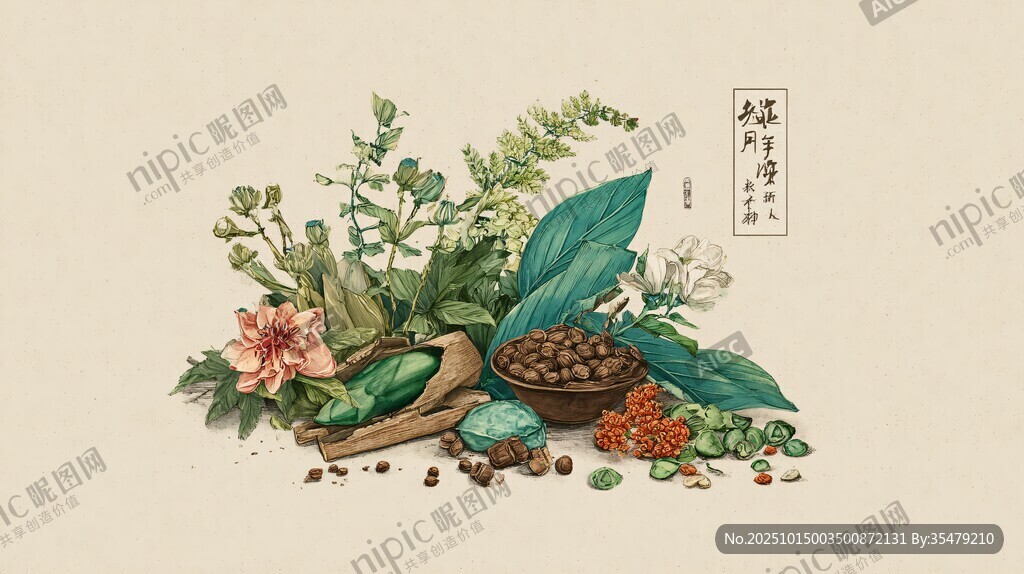 中式传统草药静物插画