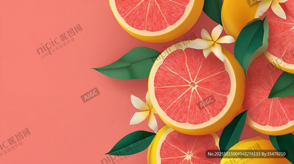粉背景上的鲜切柑橘与花朵