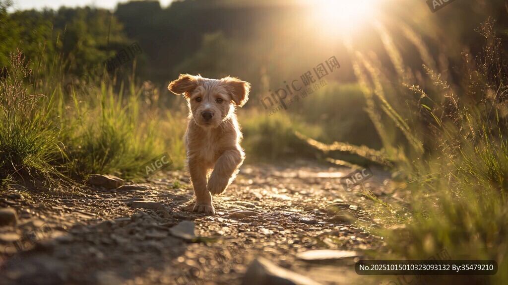夕阳下奔跑的可爱小奶狗