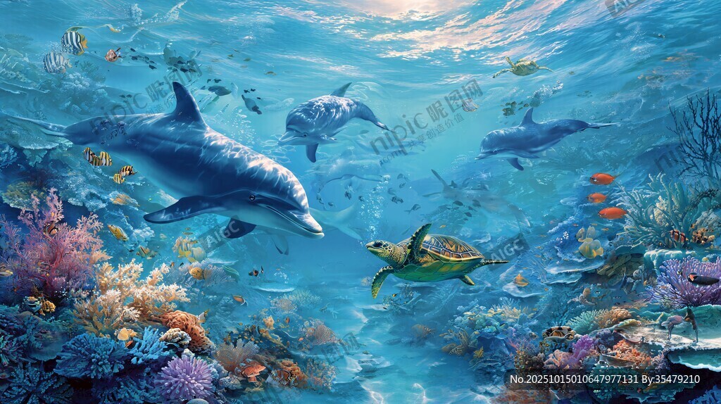 海底世界 海豚与海龟共舞