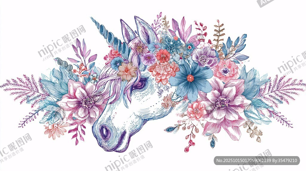 梦幻独角兽花卉插画