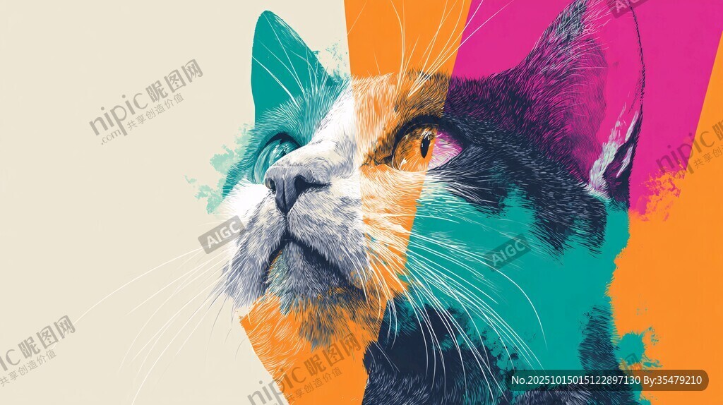多彩拼接风猫咪肖像画