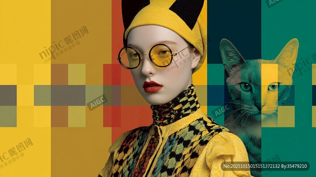 时尚女郎与猫的奇幻画面