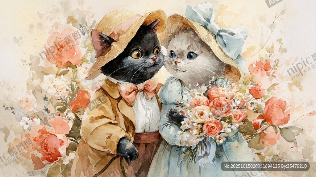 猫咪情侣的浪漫花卉之约