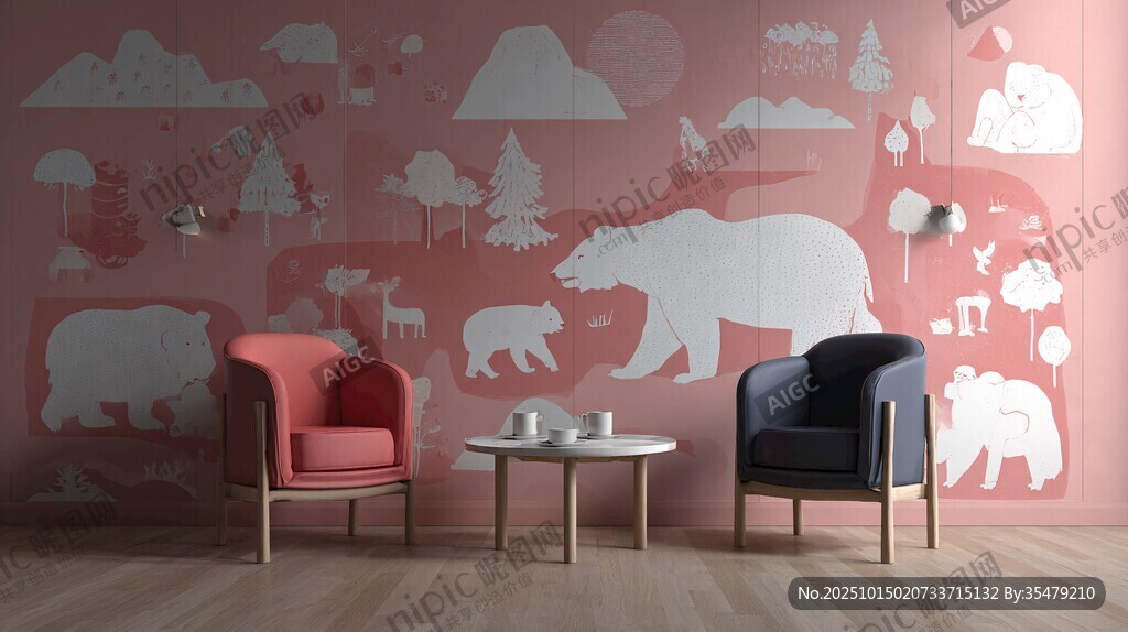 北欧风童趣墙前两椅一几