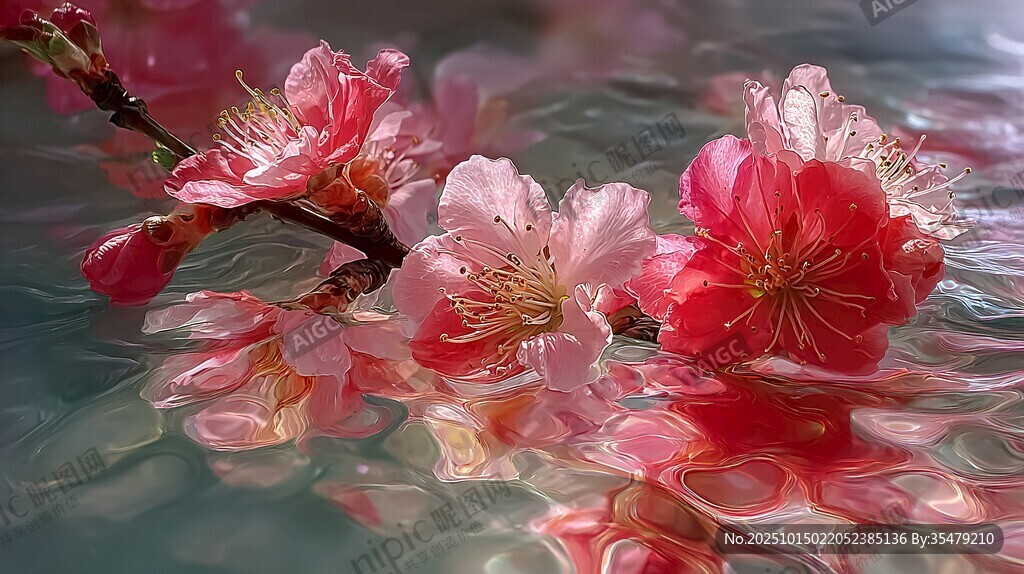 水中绽放的娇艳桃花