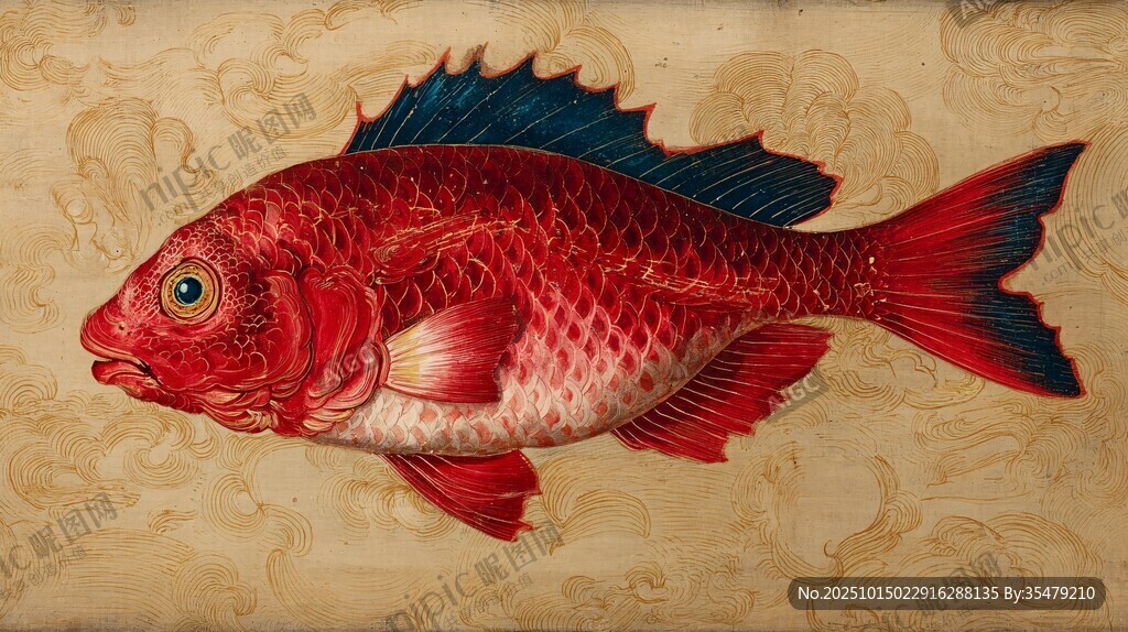 鲜艳红鱼插画 古典风背景