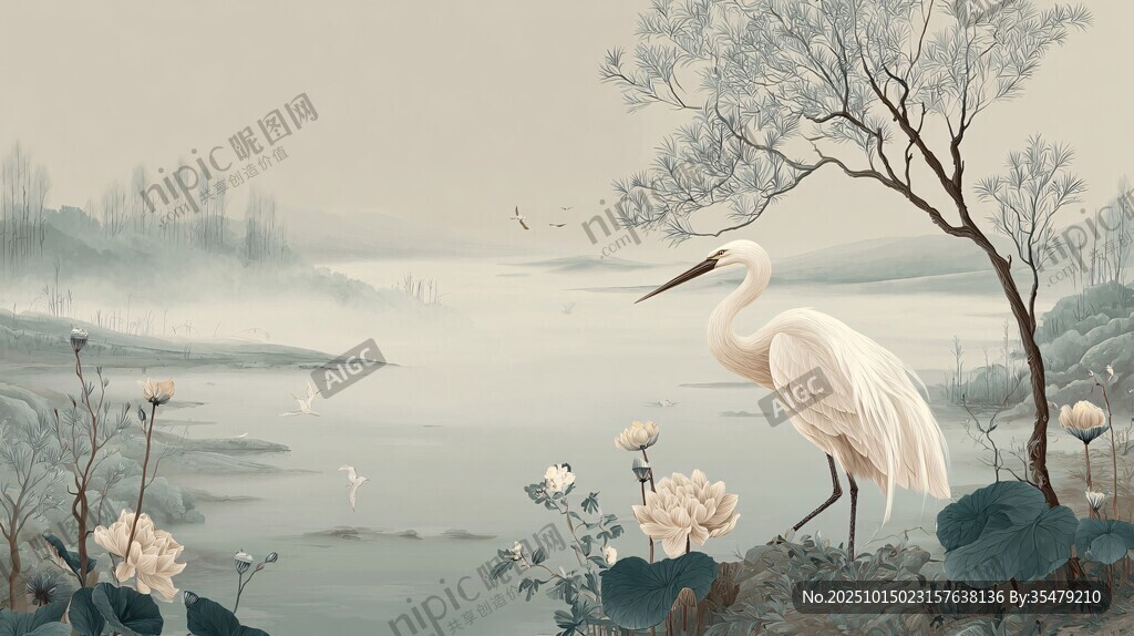 白鹭栖于湖畔诗意景致