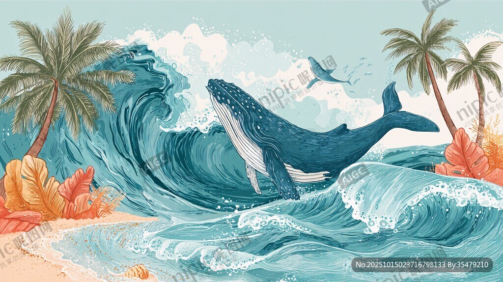 海边跃浪的鲸鱼与棕榈树