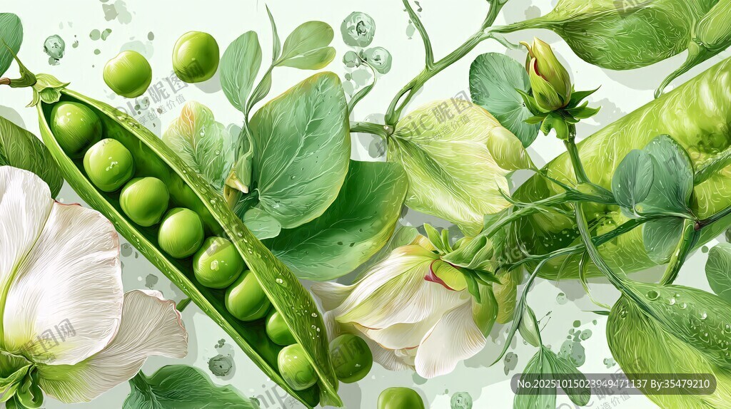 鲜嫩豌豆与花叶的清新图景
