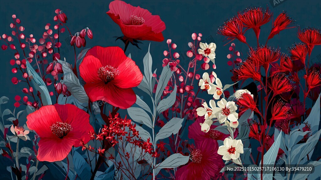 艳丽花卉组合插画