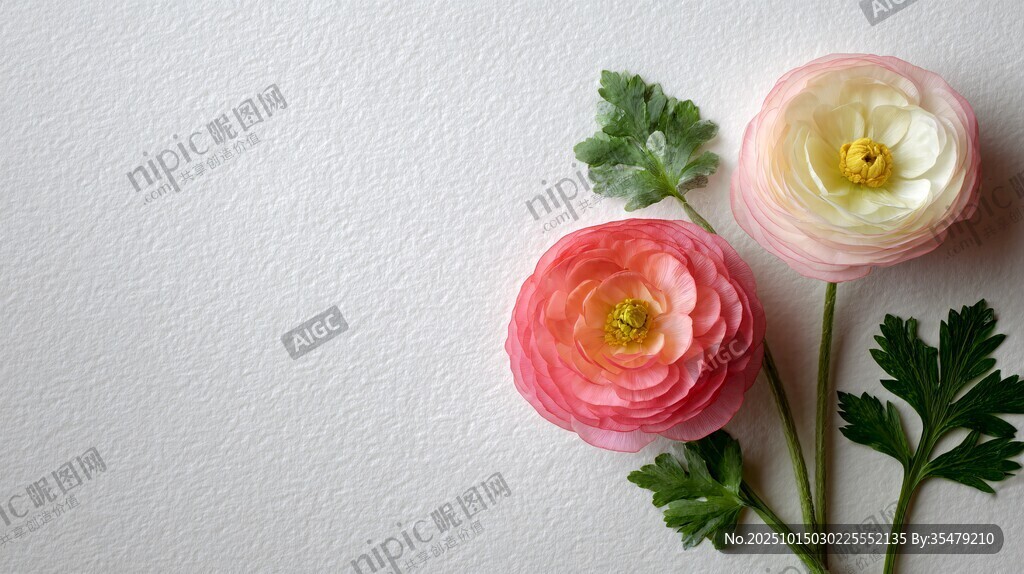 两朵娇艳花毛茛静置于白背景