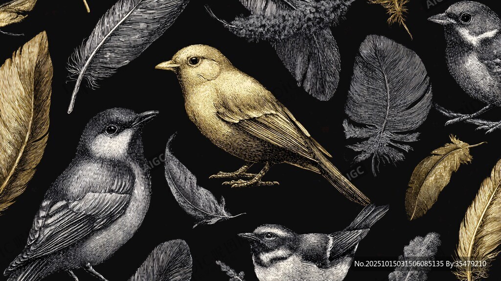 黑金风格鸟类与羽毛图案