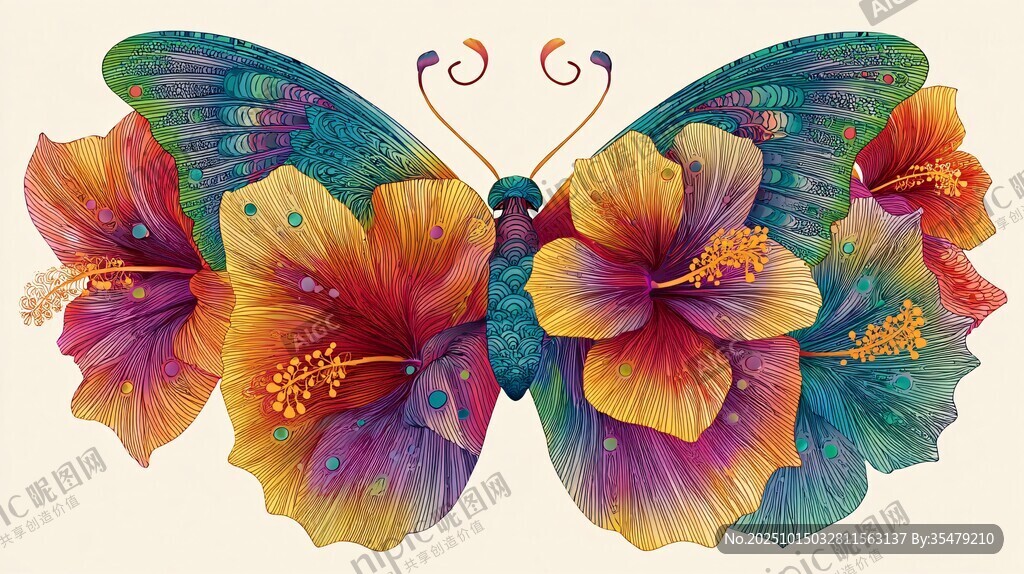 蝶翼绽繁花梦幻插画