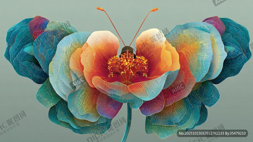梦幻花卉蝴蝶创意插画