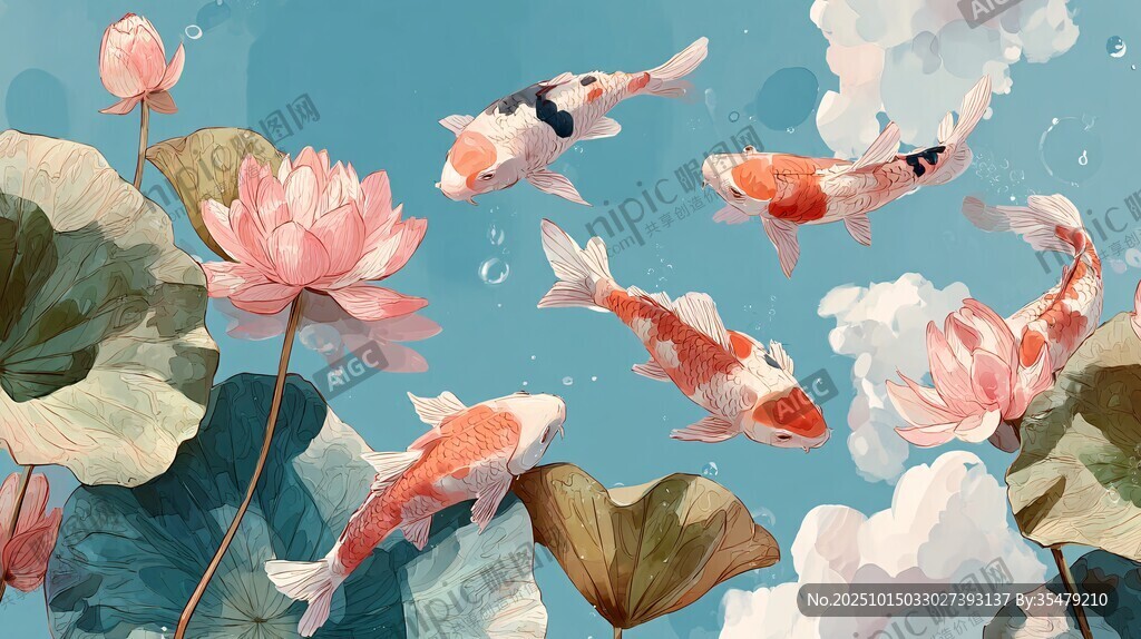 锦鲤戏荷图