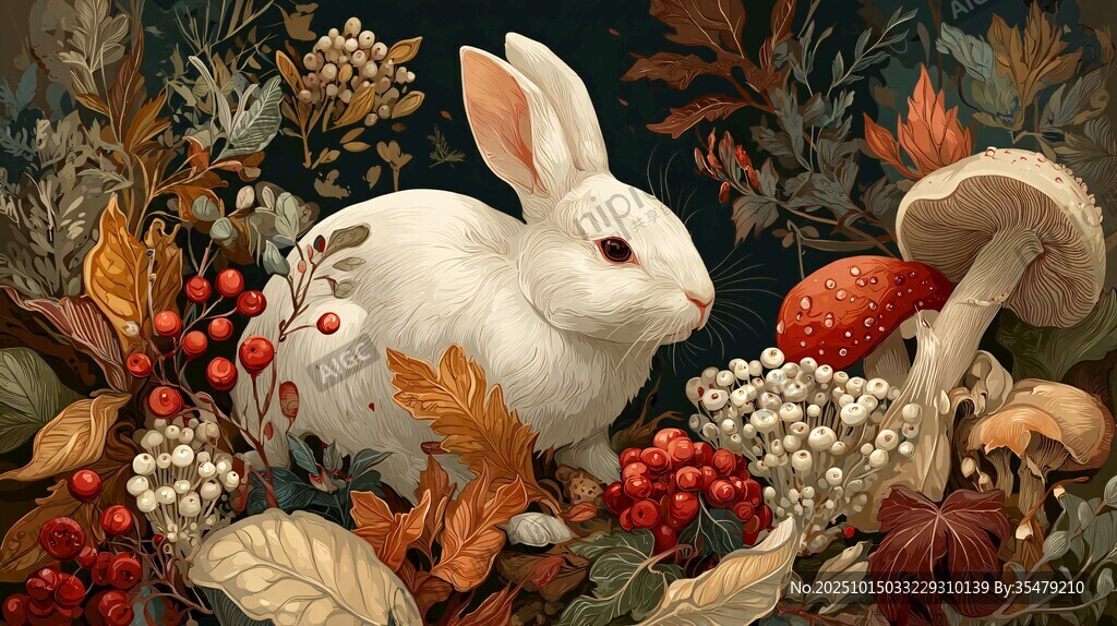 白兔栖于秋日野果花丛间