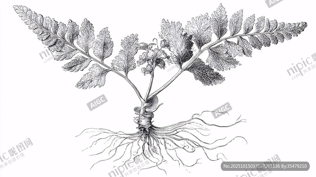 蕨类植物根茎叶细致描绘