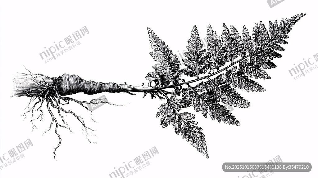 蕨类植物根茎叶细节描绘