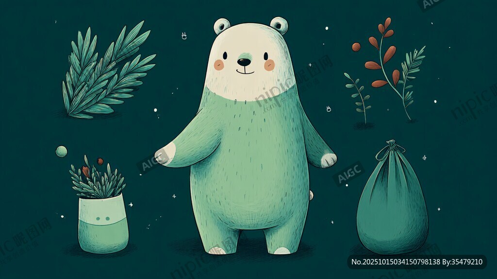 可爱绿衣小熊与植物装饰