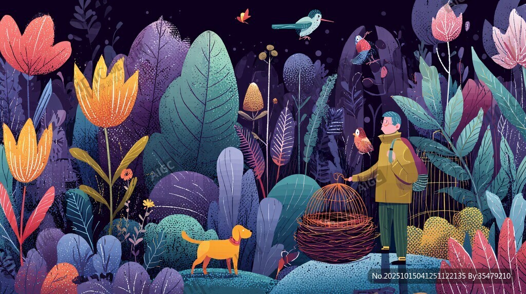 梦幻夜花园中的人与动物