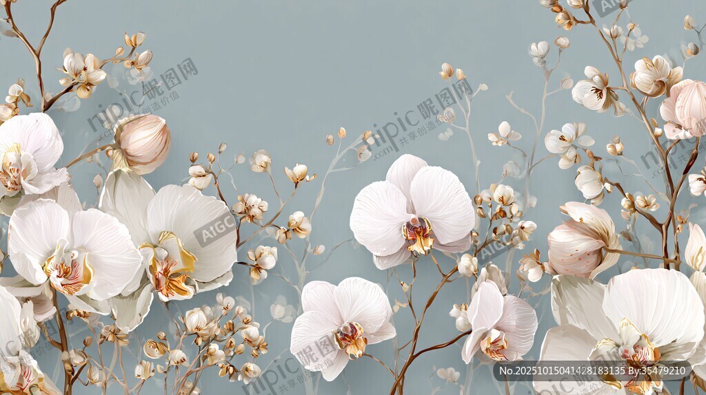 白色兰花与棉枝花卉美景