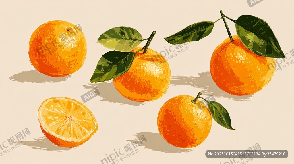 鲜橙插画 多汁饱满的柑橘类水果