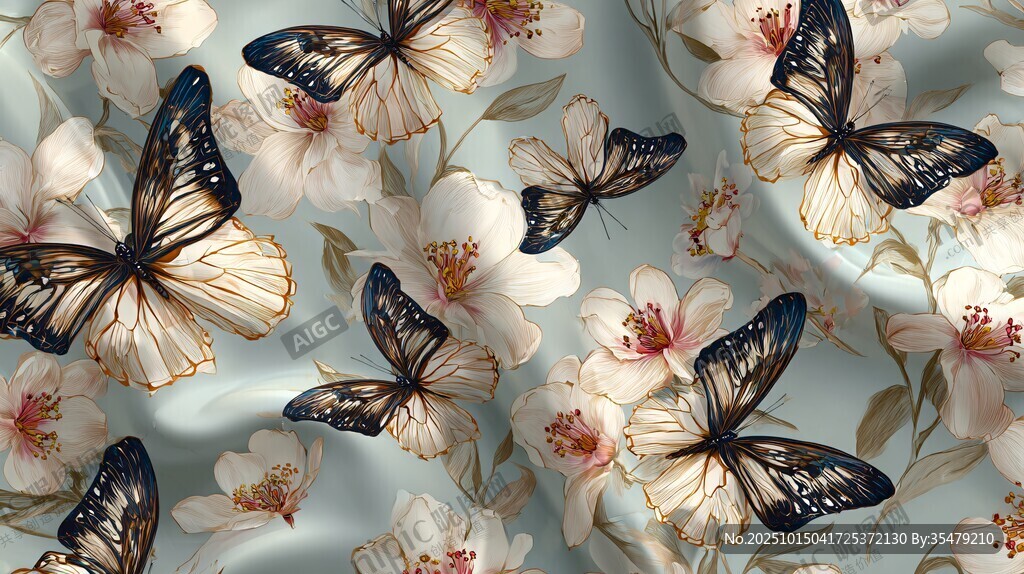 蝶舞繁花丝绸面料图案