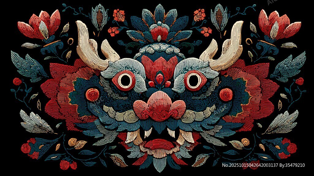 中式刺绣风神兽花卉图案