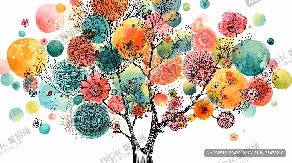 多彩梦幻花卉树插画