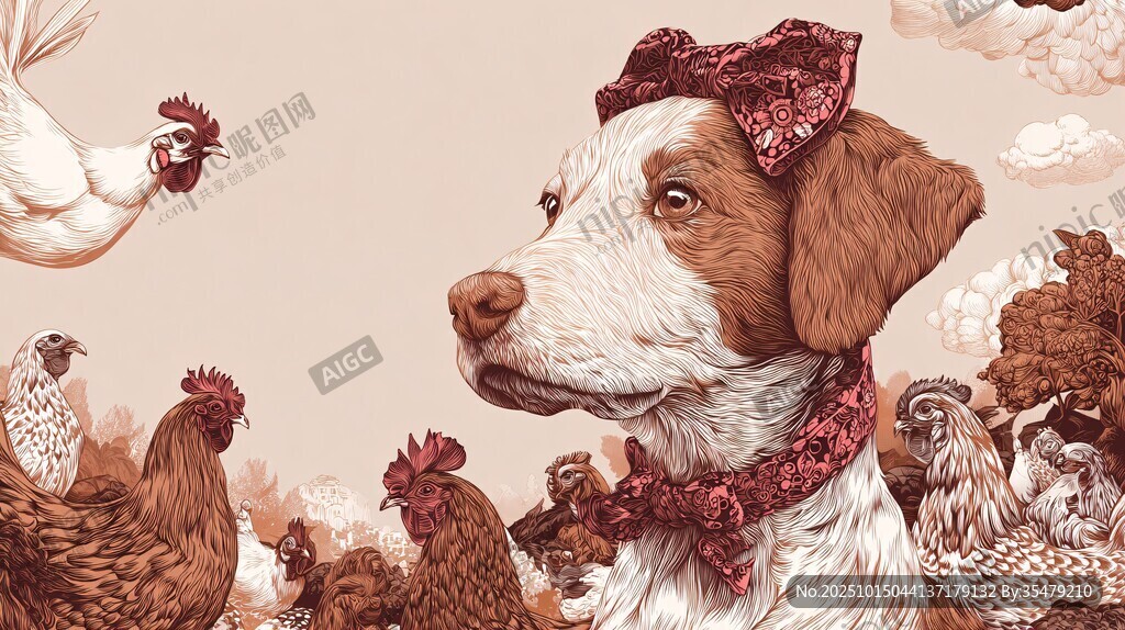 戴饰小狗与群鸡的温馨画面