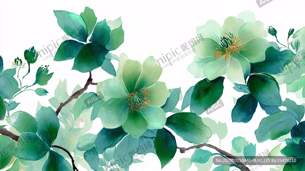 清新水墨风绿花枝叶图