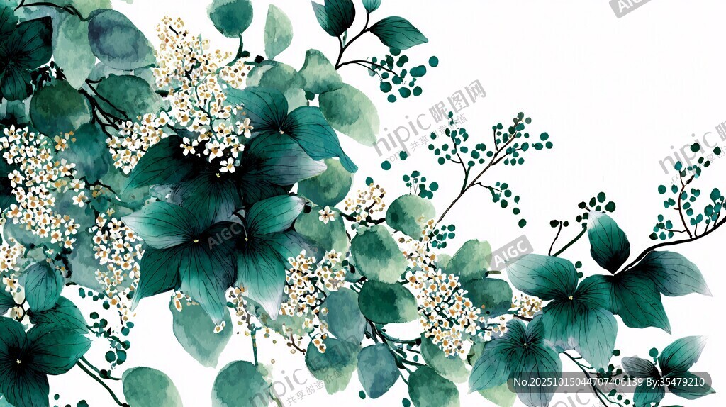 水墨风绿植花卉装饰图