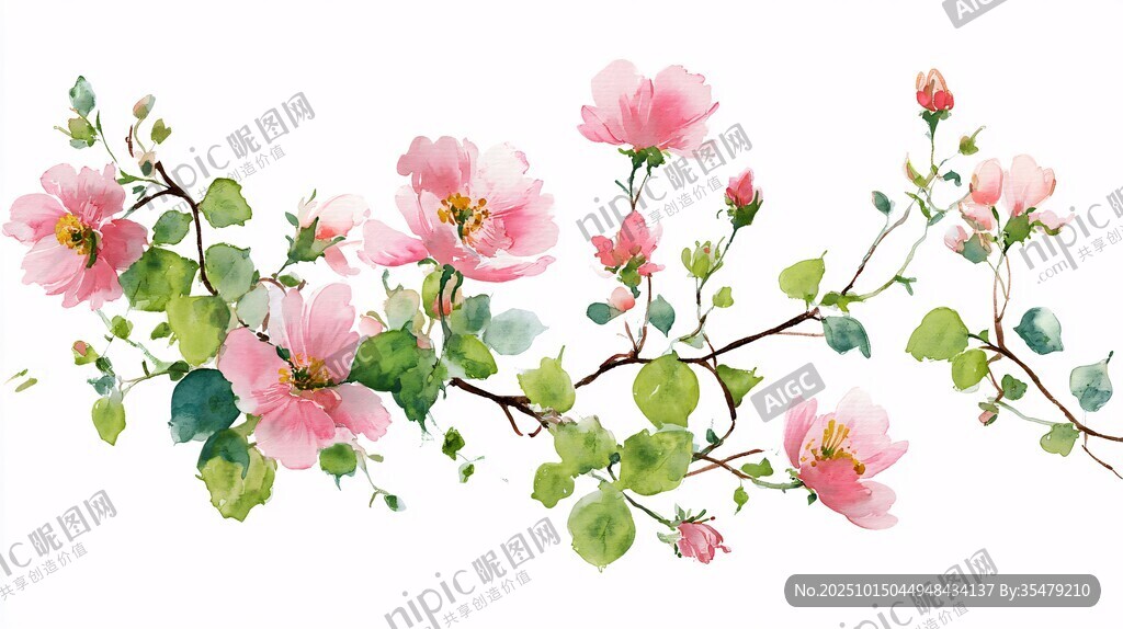 粉色花卉枝条水彩插画