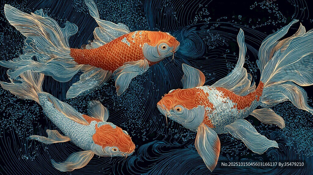 灵动金鱼畅游于幽蓝水底