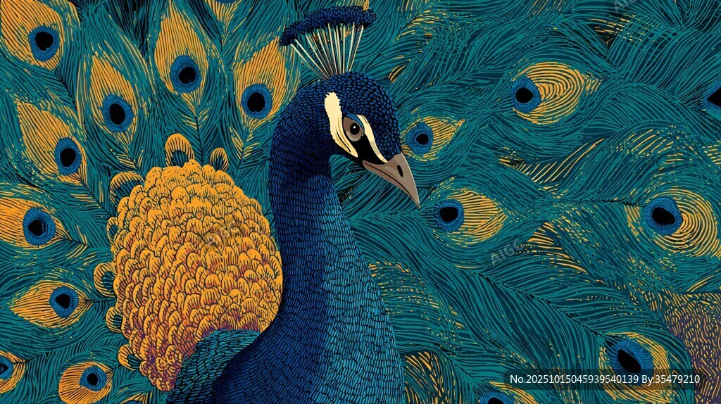 绚丽孔雀开屏艺术插画