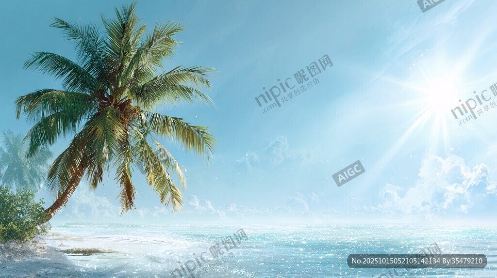 阳光椰树映碧海美景