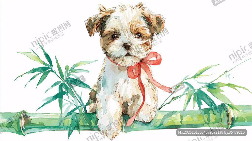 萌犬系于竹枝红绸相伴