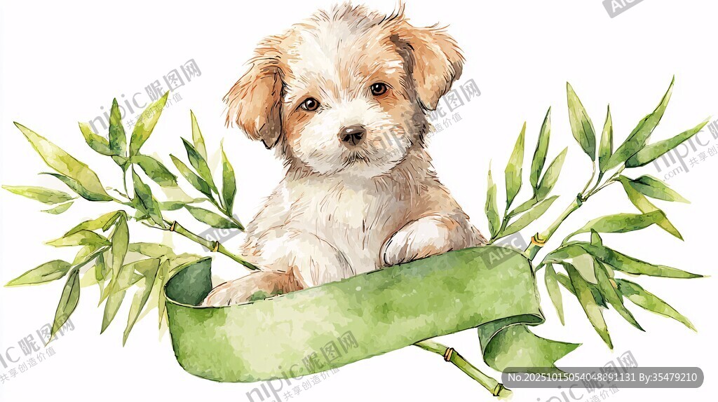萌犬倚竹持绿绸