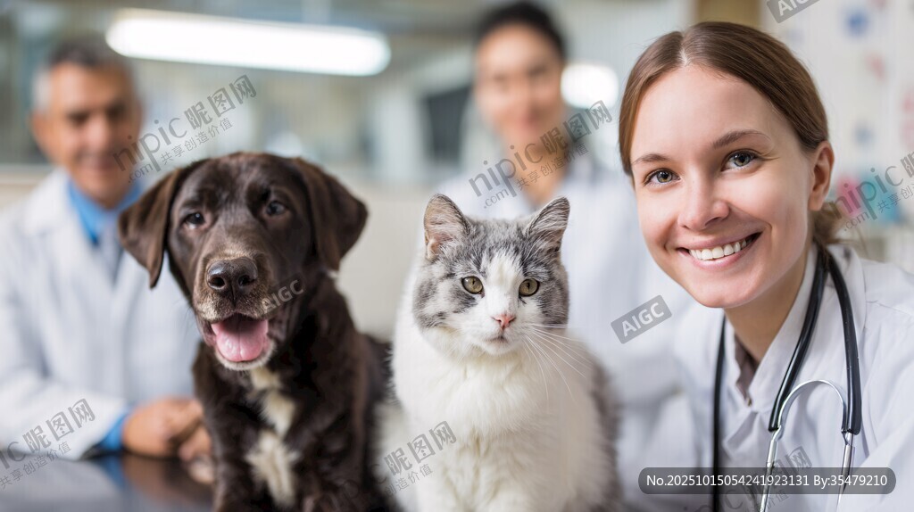兽医与猫狗及同事的合影