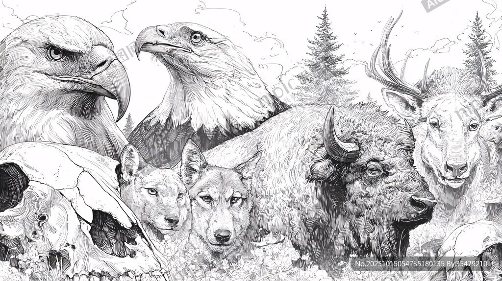 野生动物群像黑白插画
