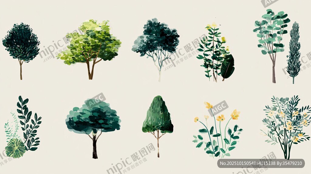 手绘绿植树木花卉集合图