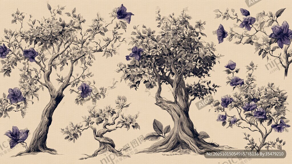 手绘花卉树木图案设计