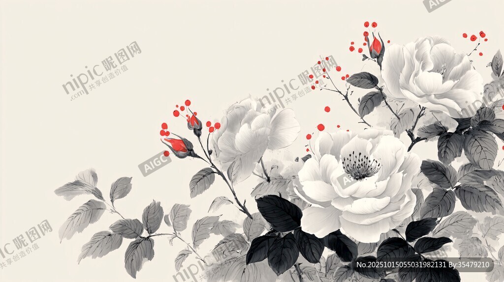 水墨白玫瑰与红果景致