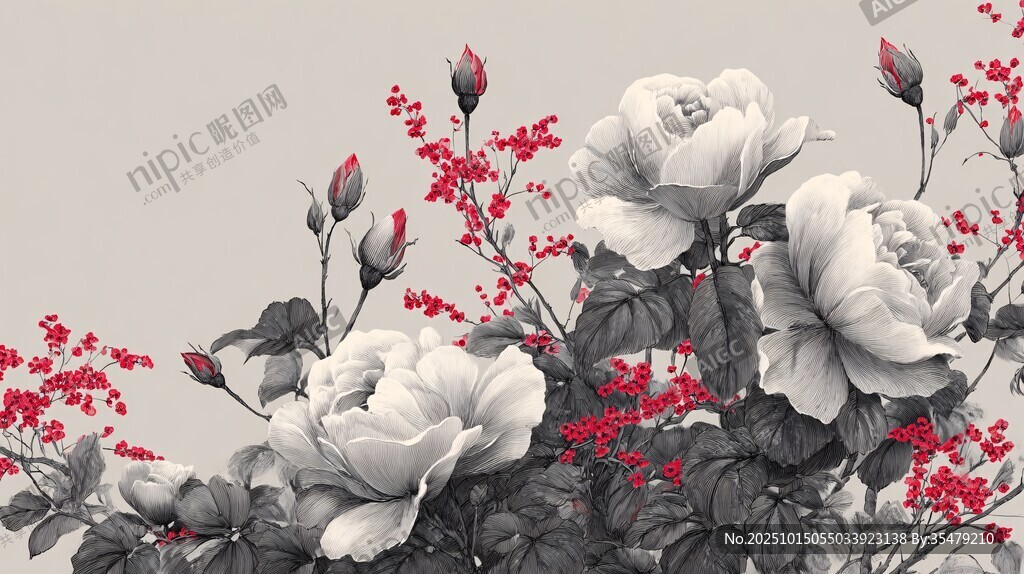 黑白玫瑰配红果花卉图